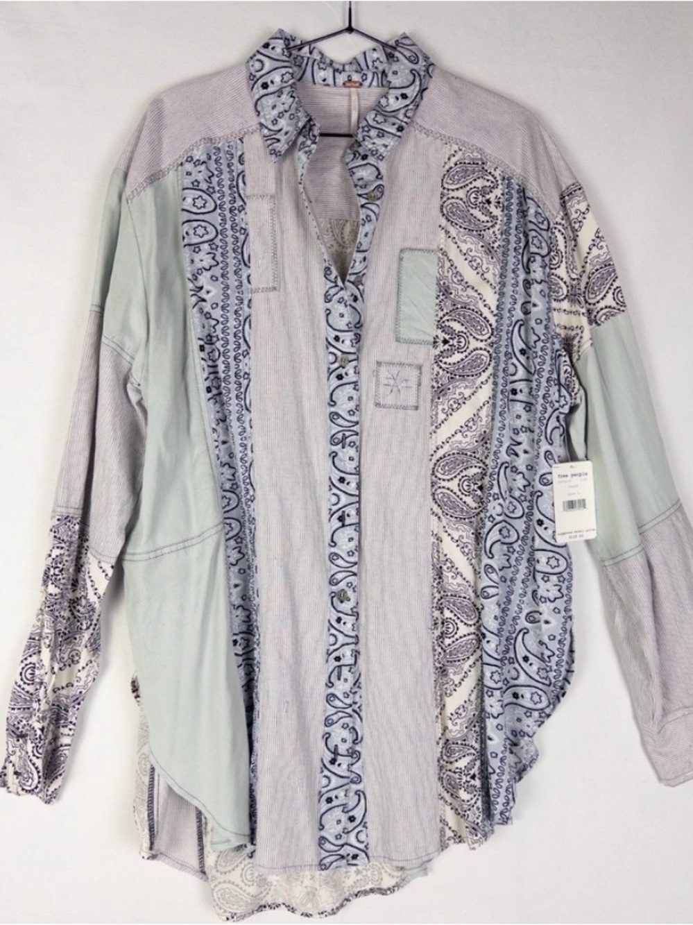 Free People Bandana Chambray Shirt Womens L Button Boho Patchwork Mixed Paisley